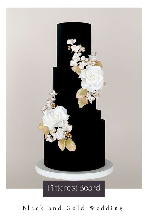 Another classic wedding color combination is black and gold. We have a Pinterest board dedicated to black and gold wedding ideas. Click the link to grab more ideas. Black Wedding Cake Ideas, Super Torte, Black Wedding Cake, Black And White Wedding Cake, Dark Wedding Theme, Black And White Wedding Theme, Black Gold Wedding, Black Wedding Cakes, Wedding Cake Ideas