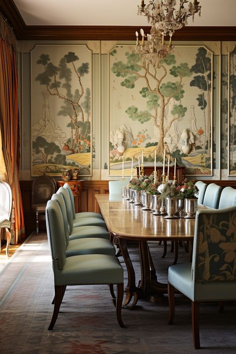 Dining Room Decor | Dining Room Decor Ideas Light Yellow Dining Room Walls, Degournay Wallpaper Dining Room, Jewel Box Dining Room, Dining Table Wallpaper, Chinoiserie Wallpaper Dining Room, Mural Dining Room, Chinoiserie Interior Design, Chinese Dining Room, Asian Dining Room