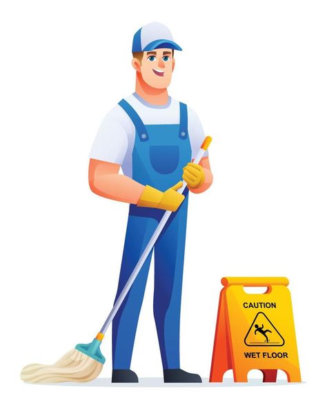 Cheerful cleaning service man with mop. Male janitor cartoon character Human Clipart, Cleaning Uniform, Cleaning Cartoon, Mop And Bucket, Vector Game, School Clipart, Character Cartoon, Cartoon Man, House Cleaning