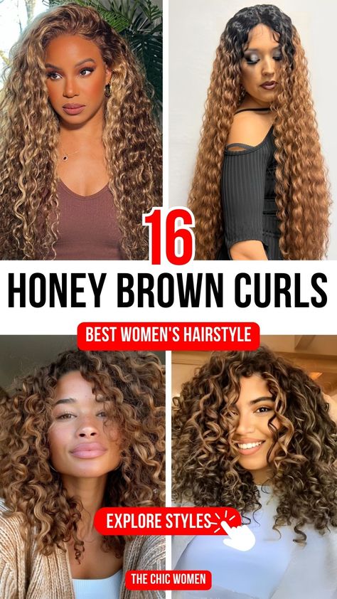 16 Chic Honey Brown Curls Hairstyles for a Glamorous Upgrade Honey Brown Hair On Curly Hair, Honey Caramel Balayage Curly Hair, Honey Brown Curls, Black Hair With Brown Highlights, Honey Caramel, Honey Brown Hair, Brown Curls, Curls Hair, A Hairstyle