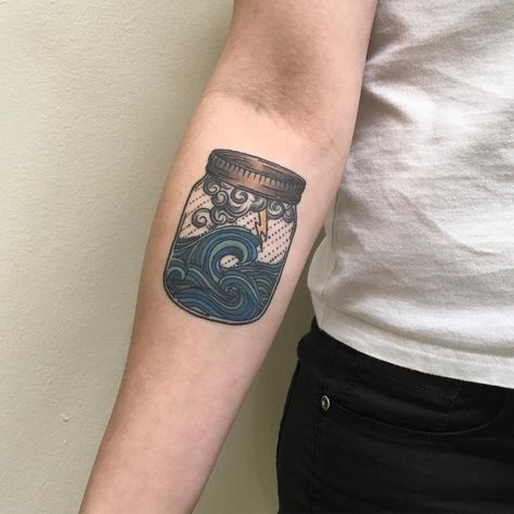 Ocean In A Bottle Tattoo, Jar Tattoo, Mason Jar Tattoo, Storm Tattoo, Surf Tattoo, Traditional Sleeve, Sea Tattoo, Bottle Tattoo, Ocean Tattoos