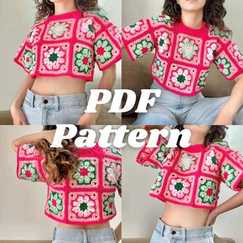 Leonor Top Written Crochet Pattern - Sunshines and Crafts's Ko-fi Shop - Ko-fi ❤️ Where creators get support from fans through donations, memberships, shop sales and more! The original 'Buy Me a Coffee' Page. Crochet Top With Sleeves, Granny Square Crochet Top, Colorful Granny Square, Granny Square Häkelanleitung, Top With Sleeves, Granny Square Sweater, Crafts Crochet, Crochet Strawberry, Crochet Bolero