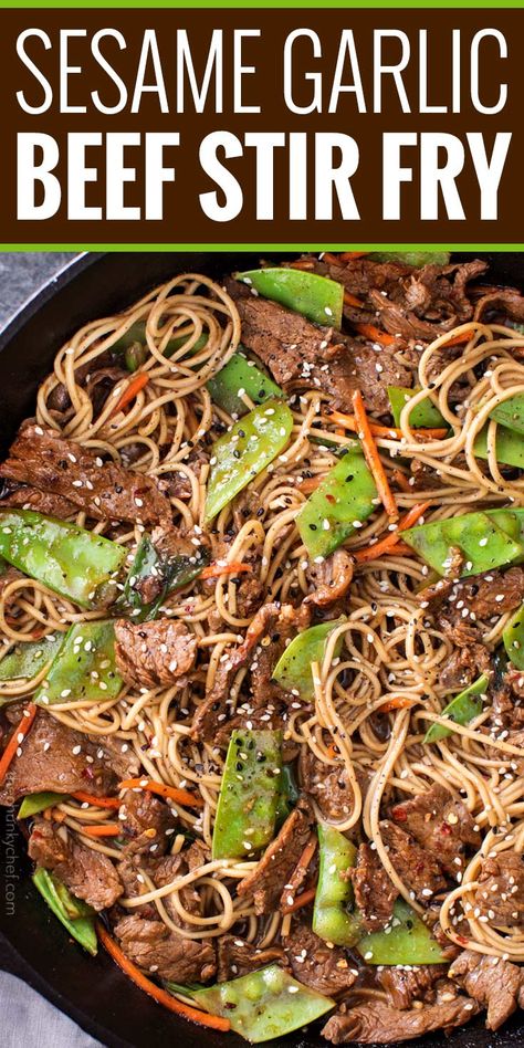 Sesame Garlic Beef Stir Fry - The Chunky Chef Garlic Beef Stir Fry, Authentic Ramen, Pasta Beef, Sesame Beef, Beef Stir Fry Recipes, Garlic Beef, Chinese Vegetables, Mapo Tofu, Beef Stir Fry