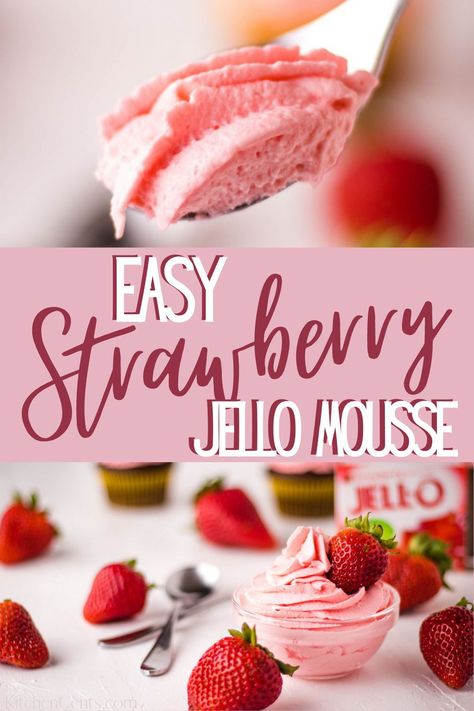 Strawberry Whipped Frosting, Easy Strawberry Mousse, Jello Mousse, Strawberry Mousse Recipe, Strawberry Fluff, Whipped Cream Desserts, Cool Whip Desserts, Strawberry Pudding, Vanilla Mousse