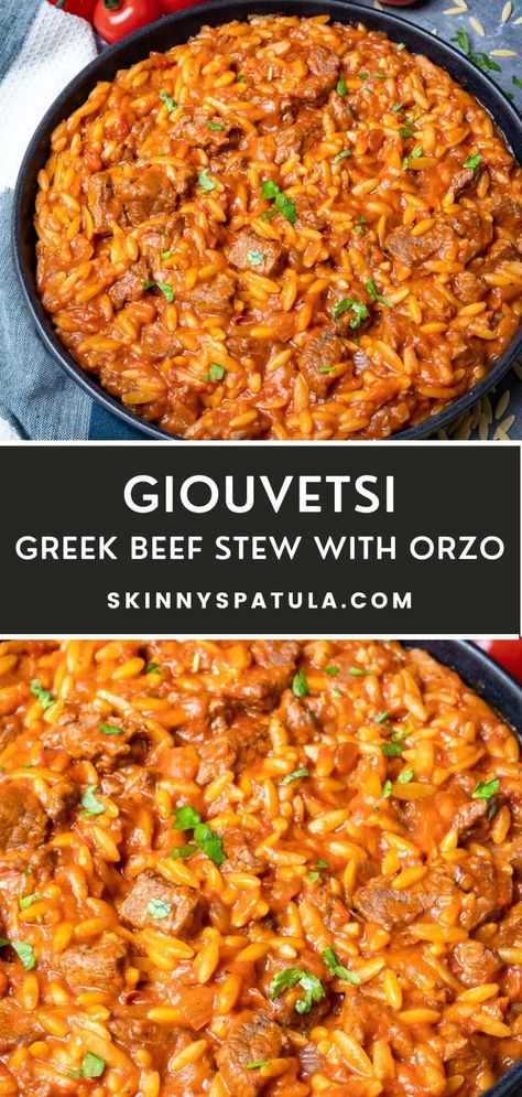 Greek Stew Recipes, Meat Cubes Recipes, Mediterranean Diet Beef Recipes, Cubed Beef Stew Meat Recipes, Giouvetsi Beef, Greek Main Dishes, Greek Giouvetsi, Authentic Recipes From Around The World, Beef Cubes Recipe