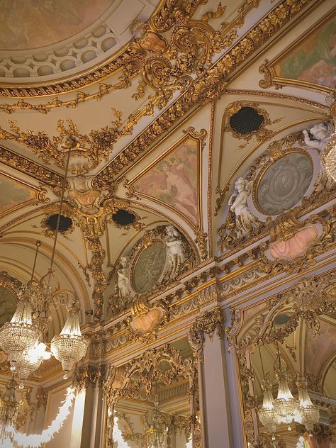 rococo period interior with gold architecture, mirrors, cherubs and paintings Modern Rococo Aesthetic Interior, 1750s Aesthetic, Rococo Art Aesthetic, Rococo Aesthetic Architecture, French 1700s Aesthetic, 1770s Aesthetic, Rococo Aesthetic Painting, Rocco Aesthetic, Rocco Architecture