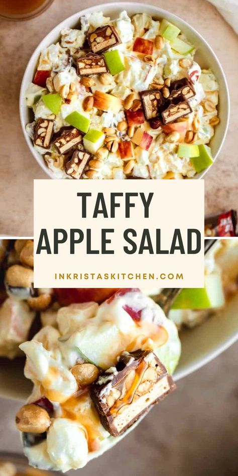 Taffy Apple Salad is an easy recipe that easily transitions between being a fabulous side salad and a simple dessert. This apple recipe is perfect for fall gatherings during the fall apple season. Taffy Apple Salad is sweet and tart with Granny Smith & Honeycrisp Apples, vanilla whipped cream, Snickers pieces, marshmallows, pineapple, crunchy peanuts and caramel sauce. It's a super easy recipe for potlucks, holidays and weeknight dinners. Head over to the blog for the recipe, and my expert tips. Granny Smith Apples Recipes, Butternut Squash Side Dish, Taffy Apple Salad, Taffy Recipe, Snicker Apple Salad, Snickers Salad, Taffy Apple, Apple Salad Recipes, Fall Fun Food