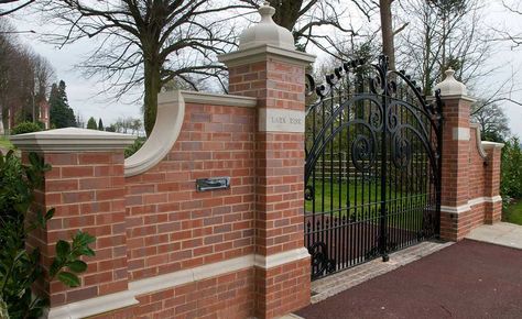 Driveway Gates | Homebuilding & Renovating Brick Wall Gardens, Fence And Gate, Farm Entrance, Brick Columns, Property Ideas, Driveway Entrance, Brick Fence, Entrance Gates Design, Boundary Walls