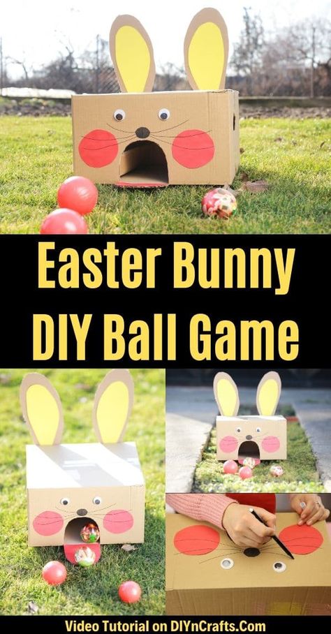 Turn an ordinary cardboard box into this adorable Easter bunny cardboard box ball game in just a few minutes! An ideal family-friendly Easter game DIY. #EasterBallToss #EasterBallGame #EasterGame #DIYBallToss #DIYEasterBunnyGame Easter Bean Bag Toss, Easy Easter Games For Kids, K2 Activities, Bunny Cardboard, Diy Easter Games, Fun Easter Games, Preschool Easter, Easter Games For Kids, Game Diy