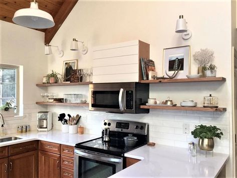 Mounted Microwave, 1920 Bungalow, Mexican Kitchen Style, Pantry Renovation, Floating Shelving, Custom Shelves, Floating Shelves Ideas, Hidden Storage Ideas, Custom Floating Shelves