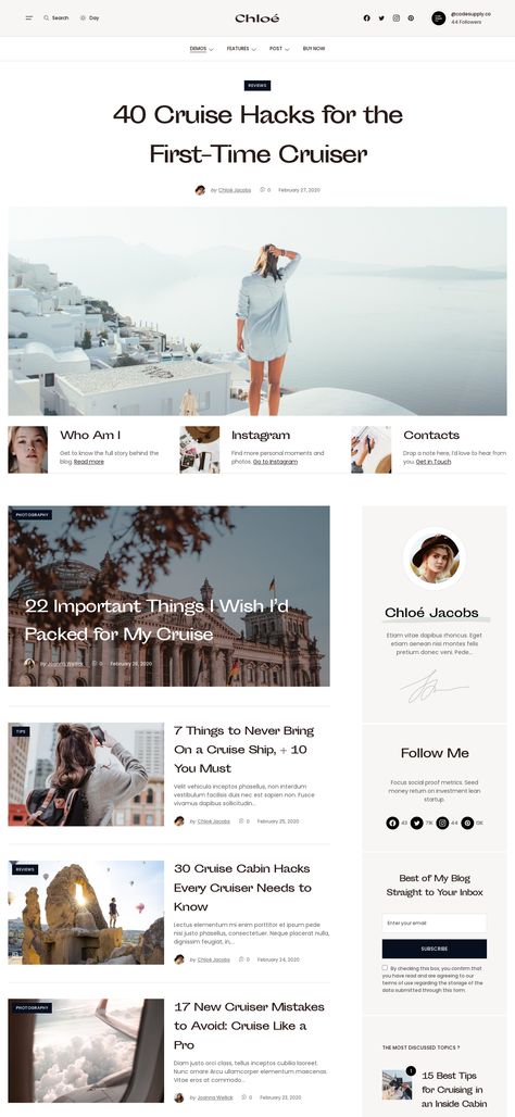 Take your readers on a journey they'll never forget with Chloé - the ultimate WordPress theme for travel bloggers and magazines. With its stunning design, customizable layout, and powerful features, Chloé will help you share your adventures with the world like never before. Explore new horizons with Chloé today and get your blog adventure started with one of the best WordPress themes for travel blogs! Blog Templates Design Layout, Blog Article Page Design, Travel Blog Aesthetic, Blog Website Design Layout, Travel Blog Website Design, Blog Design Layout, Blog Website Inspiration, Blog Page Design, Travel Blog Website