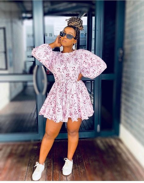 Short Ankara Dresses With Sneakers, Short Grown Style For Material, Gown And Sneakers Outfit, Casual Gowns Simple Short, Ankara Shift Dress With Sneakers, Short English Gown Styles, Short Ankara Shirt Dress, Summer Short Sleeve Mini Dress In Ankara Fabric, Outfits For Short Girls