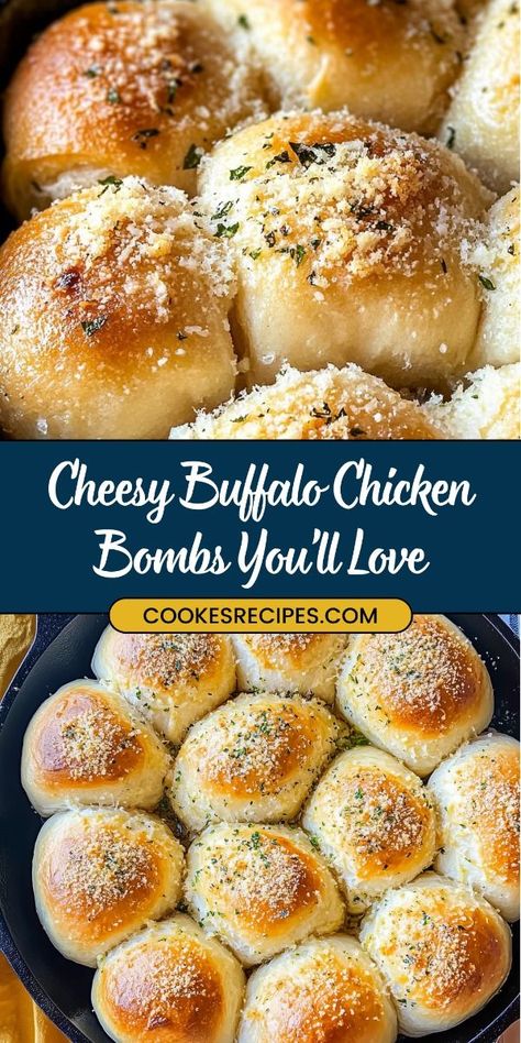 These Buffalo Chicken Bombs are the ultimate snack or appetizer! Stuffed with creamy Buffalo chicken and a mix of gooey cheeses, baked to golden perfection, and served with blue cheese dressing and hot sauce. Perfect for game day or a fun party snack! #BuffaloChickenBombs #CheesySnacks #GameDayRecipes #PartyFoodIdeas #EasyAppetizers Buffalo Chicken Bites Baked, Baked Goods Basket, Spicy Pulled Chicken, Buffalo Chicken Appetizers, Buffalo Chicken Recipe, Blue Cheese Chicken, Cheesy Buffalo Chicken, Creamy Buffalo Chicken, Christmas Baked Goods