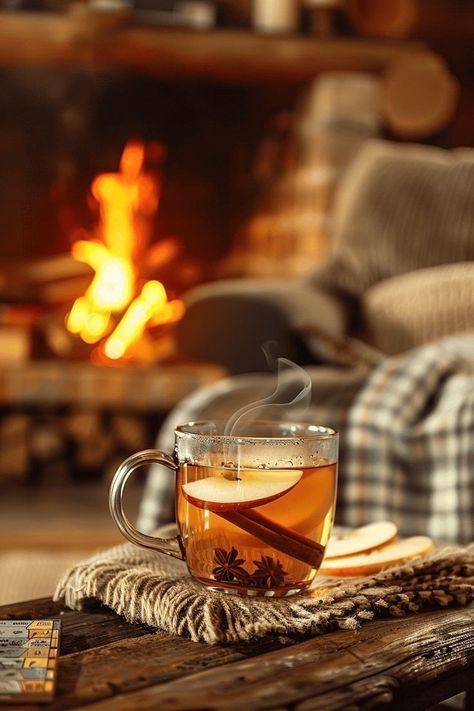 A Cup Of Tea Aesthetic, Cold Drink Photography, Fall Screensavers, Apple Cider Tea, Fireplace Cozy, Tea Wallpaper, Spiced Drinks, Warm Apple Cider, Fall Night