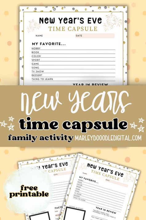 Make New Year’s fun and memorable with free time capsule printables! Perfect for kids and families, these templates include time capsule questions and activity sheets to reflect on the past year and plan for the next. Ideal for New Year’s Eve traditions or classroom activities, these printables are easy to use. Download now and start creating memories to treasure! New Year’s Eve Time Capsule For Kids, New Years Count Down Activities For Kids, New Years Time Capsule For Kids, New Year Traditions For Kids, New Years Traditions For Kids, New Year’s Eve Family Traditions, Time Capsule Questions, New Years Time Capsule, Time Capsule Ideas