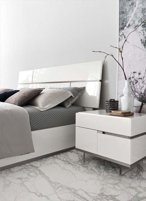 The ALF Artemide has been beautifully crafted with a white high gloss finish and features perfectly-complementing inserts of metal grooves and transparent legs. Sleeping Room Design, Italian Bedroom, Bedroom Upgrade, Modern Bedroom Interior, Bedroom Bed Design, Bedroom Furniture Design, Living Room Sectional, King Bed, Modern Bed