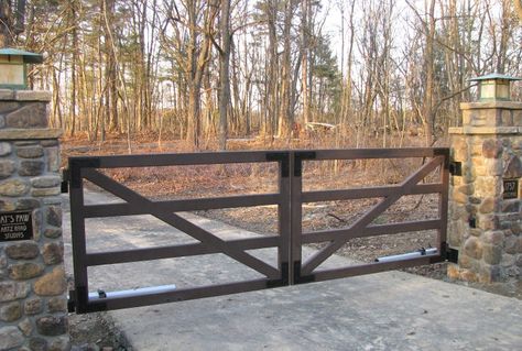 Farm Driveway Gates | Emerald Ironworks~Driveway Gate Systems Wood Garden Gate, Farm Gates Entrance, Modern Gates, Entrance Gates Driveway, Driveway Entrance Landscaping, Farm Entrance, Ranch Gates, Entry Gate, Metal Gate