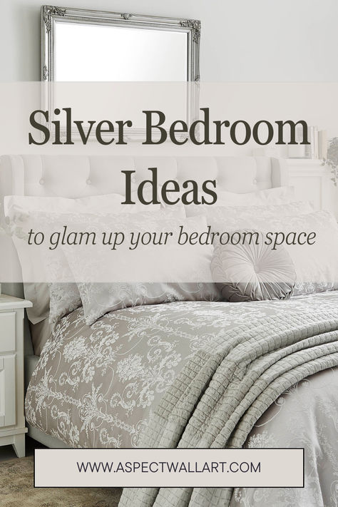 Silver Bedroom Ideas to Glam Up Your Bedroom Space Silver Bedroom Walls, Master Bed Linen Ideas, Grey And Silver Bedroom Ideas, Bedroom Into Closet, Silver Bedroom Ideas, Silver Bedroom Decor, Silver Bedding, Velvet Bedroom, Silver Bedroom