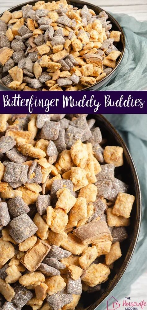 Butterfinger Muddy Buddies- peanut butter, chocolate, Butterfingers, Chex, and powdered sugar make this delightful, easy sweet treat. Butterfinger Puppy Chow Recipe, Butterfinger Puppy Chow, Muddy Bites, Tv Snacks, Chex Mix Recipes Sweet, Chex Recipes, Snack Mix Recipe, Treat Maker, Chex Mix Puppy Chow