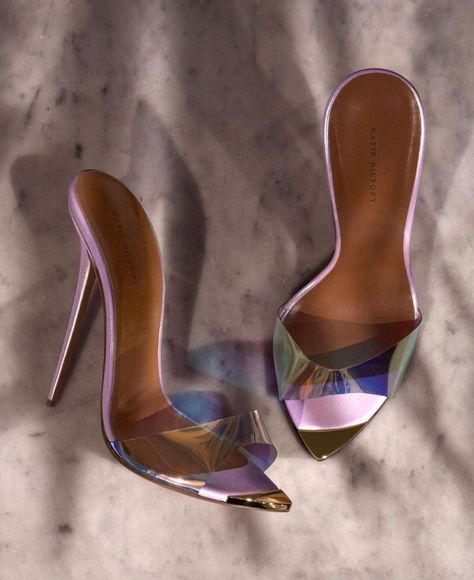 Pointy Mules, Purple High Heels, Purple Holographic, Mule Heel, Pretty Heels, Shoes Heels Classy, High Heel Slippers, High Heel Mules, Heels Classy