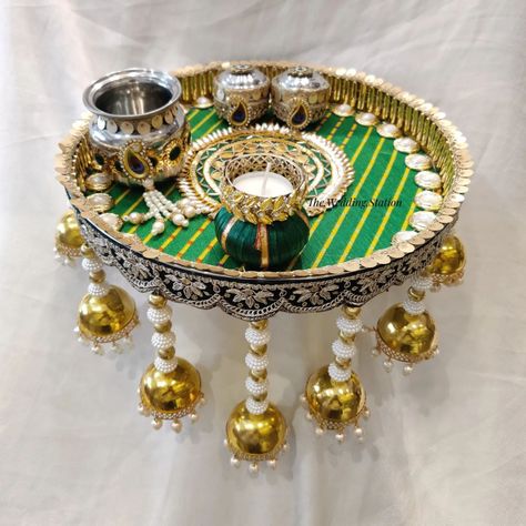 Pooja Thaali are ready to dispatch . Includes - Pooja Thaali Lota 2 boxes ( Roli / Chawal ) 1 candel Order yours now.. . Dm or WhatsApp 9557243888 / 9758751617 Thali Decoration Ideas Indian Weddings, Unique Arti Thali Decoration, Dipawali Decoration, Engagement Decorations Indian, Thali Cover, Diy Engagement Decorations, Arti Thali Decoration, Shaadi Decor, Chaturthi Decoration