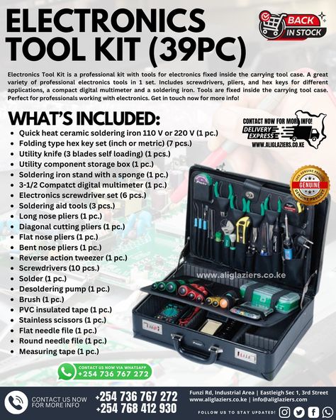 Electronic Tools 39 piece Kit (Electro mechanic Tools Kit) re-stocked! Shop the best quality tool kit which comes in a secure suitcase packaging with designated slots, wide range of screwdrivers and also a soldering iron! Get in touch for more info! 📍Funzi Road, Industrial Area - 0736767272 📍Eastleigh Sec 1, 3rd Street - 0768412930 www.aliglaziers.co.ke 📧 info@aliglaziers.com #Electronic #Electronics #Kit #ElectroMechanical #Like #DIY #Repair #Work #ProsKit #Quality #Nairobi #Kenya #Best ... Electronic Tools, Nairobi Kenya, Mechanic Tools, Diy Repair, Soldering Iron, Nairobi, Soldering, Tool Kit, Kenya