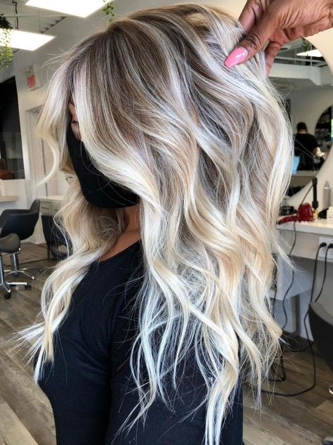 Bright Blonde Balayage with Waves Brown To Blonde Color Melt Long Hair, Winter Blonde Ombre, Platinum Blonde Lived In, Dark Root Dimensional Blonde, Ash Blonde Balayage With Lowlights, Cool Toned Blonde With Lowlights, Blonde With Chunky Lowlights, Blonde With Ash Lowlights, Brown To Platinum Balayage