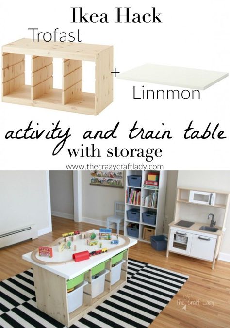 An Ikea Hack custom train and activity table with TONS of storage.  This is such an an EASY DIY project and a great way to get all of those toys up off the floor and organized once and for all! Train Table Storage, Ikea Storage Cubes, Small Space Storage Bedroom, Trofast Ikea, Storage Hacks Bedroom, Ikea Toy Storage, Ikea Toys, Diy Bedroom Storage, Craft Table Diy