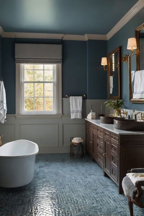 Welcome to a daily interior designer routine with a touch of sophistication! Explore "Buxton Blue (HC-149)" and add classic blue hues to your bathroom for an elegant escape. #Ad #homedecor #homedesign #bathroom #Painthome interiorarchitecture best Wall Colors for Bathroom Colors
Bright Room Colors
best colors combinations bathroom
bathroom Remodeling
Modern Paint Colors
2024 Blue Bathroom With Dark Brown Vanity, Blue French Bathroom Ideas, Traditional Bathroom Color Schemes, Bathroom With Blue Floor Tile, Medium Blue Bathroom, Muted Blue Bathroom, All Blue Bathroom, Blue Beadboard Bathroom, Blue And Wood Bathroom