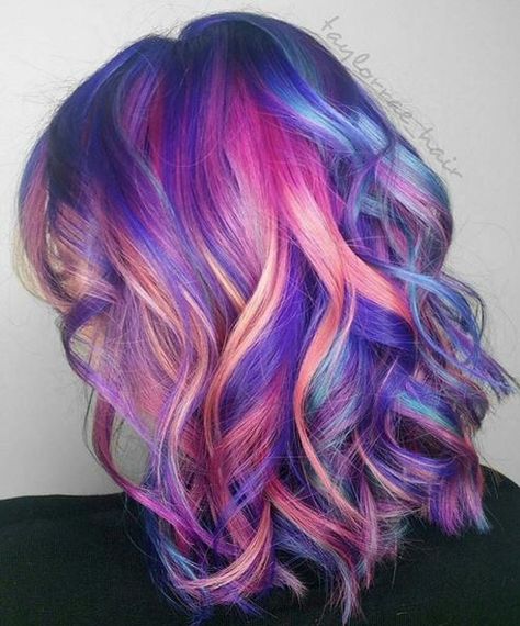 💜💕💙 Lob Bob, Neon Hair Color, Colored Hairstyles, Lovely Hairstyles, Unicorn Hair Color, Lumpy Space, Crazy Color, Highlights Balayage, Galaxy Hair