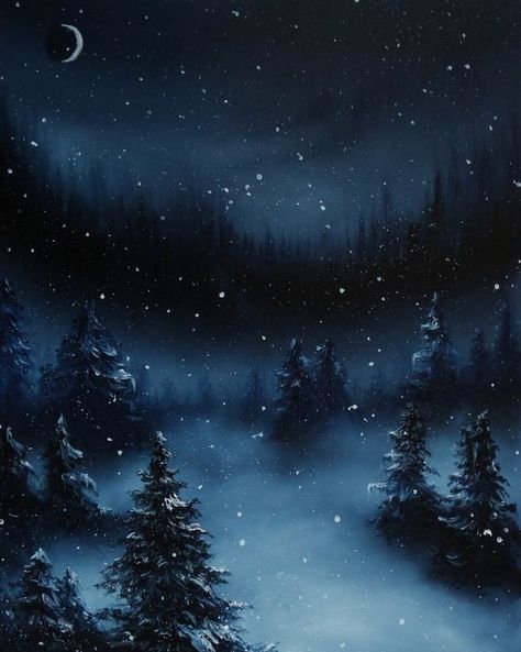 Snowy Sky Painting, Dark Snowy Forest, Dark Landscape, Dark Tree, Snow Forest, Snowy Landscape, Snowy Forest, Night Landscape, Winter Painting