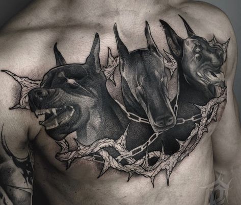 Cerberus Chest Tattoo Men, Doberman Chest Tattoo, Cerberus Chest Tattoo, Canine Tattoo, Blackwork Chest Tattoo, Three Headed Dog Tattoo, Belly Tattoo Men, Cerebus Dog Tattoo, Male Chest Tattoos