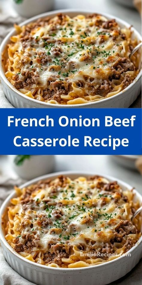 Craving something delicious and comforting? This easy French Onion Beef Casserole combines savory beef with the sweetness of caramelized onions, delivering a delightful twist on classic casserole recipes that everyone will enjoy. Onion Beef Casserole, French Onion Ground Beef, French Onion Beef Casserole, French Onion Casserole, Ground Beef Noodles, French Onion Beef, Yummy Casserole Recipes, Beef Noodles, Beef Casserole Recipes