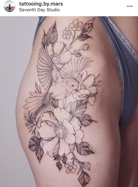 Floral Hip Tattoo, Bird And Flower Tattoo, Hip Tattoo Designs, Tattoo Diy, Floral Thigh Tattoos, Flower Thigh Tattoos, Hip Thigh Tattoos, Hip Tattoos Women, Floral Tattoo Sleeve