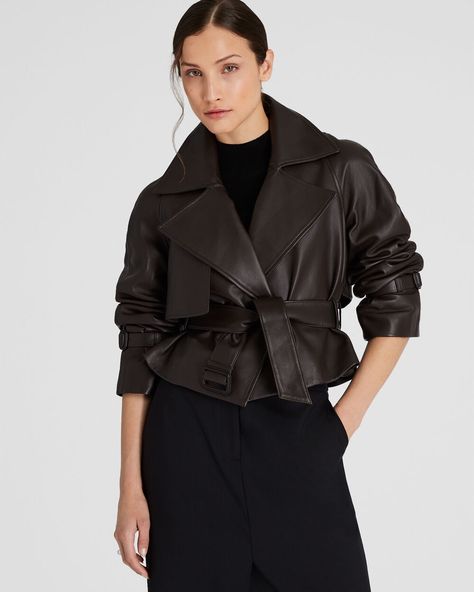 Cropped Leather Trench Women's Workwear Fashion, Hybrid Design, Leather Trench, Denim Day, Trench Jacket, Fall Outfits For Work, Leather Trench Coat, Winter Outfits For Work, Mother Denim