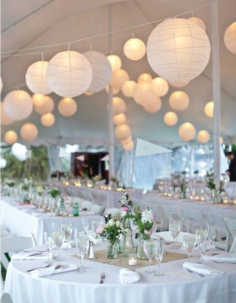 These paper lanterns lit this gorgeous wedding reception tent while keeping the "white wedding" vibe. Wedding Tent Decorations, White Paper Lanterns, Diy Frühling, Paper Lanterns Wedding, Rustic Wedding Decorations, Boda Diy, Tent Decorations, Rhode Island Wedding, Wedding Lanterns