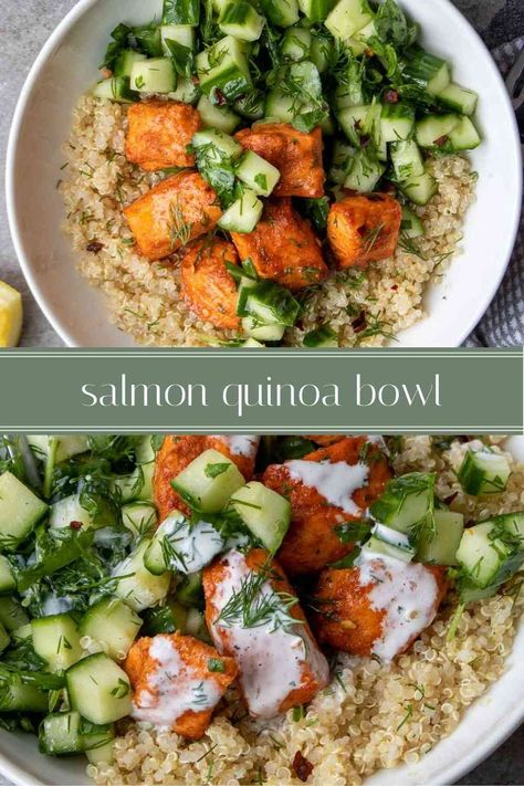 Ready in under 30 minutes, this salmon quinoa bowl is perfect for a quick, easy, and healthy dinner. Filled with protein, complex carbohydrates, and healthy fats, these bowls are sure to fill you up without forgoing flavor. Salmon Tzatziki Bowl, Salmon With Salad Dinners, Easy Meal Prep Ideas Pescatarian, Salmon Kale Quinoa Bowl, Salmon And Quinoa Salad, Smoked Salmon Quinoa Bowl, Mediterranean Salmon Quinoa Bowl, Salmon Bowl Quinoa, Easy Salmon Meal Prep