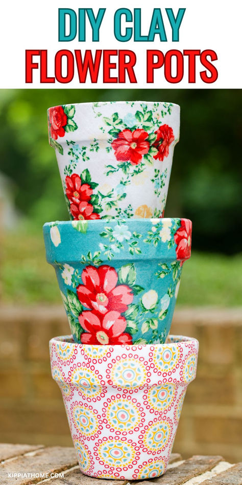 three flower pots with fabric decoupage Decoupage Flower Pots, Decoupage Pots, Decorated Pots, Painting Pots, Pots Ideas, Terra Cotta Pot Crafts Diy, Fabric Decoupage, Decoupage Projects, Terra Cotta Pots