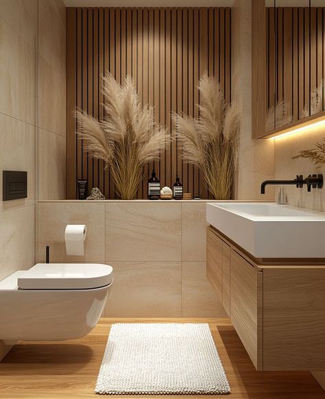 Small Nordic Bathroom, Warm Color Bathroom Ideas, Bathroom White And Wood, Bali Inspired Bathroom, Cosy Bathroom Ideas, Bathroom Warm Tones, Wood Panel Bathroom, Cosy Bathroom, Warm Wood Tones