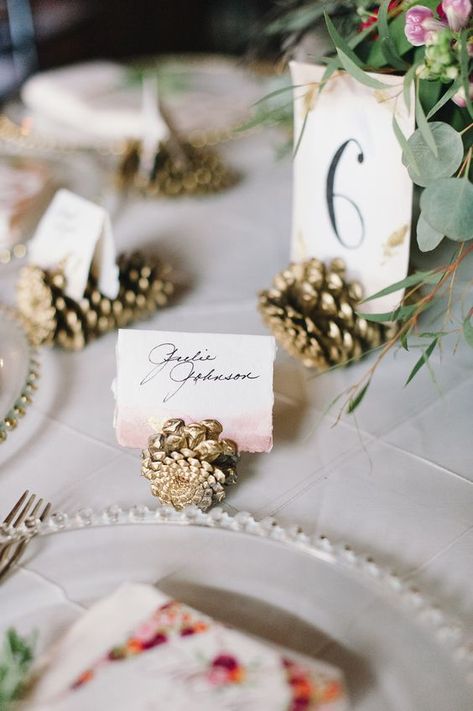 33+ Best Winter Party Themes To Amaze Your Guests Xmas Table Place Cards, Pinecone Seating Cards, Winter Place Cards, Winter Wedding Table Numbers Ideas, Winter Wedding Name Place Cards, Christmas Wedding Place Cards, Homemade Wedding Place Cards, Winter Wedding Place Settings, Christmas Theme Engagement Party