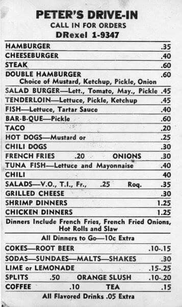 1974 Peter's Drive In Wyandotte County, Vintage History, Shrimp Dinner, Retro Food, French Fried Onions, Bar B Que, Chili Dogs, Onion Salad, Vintage Menu