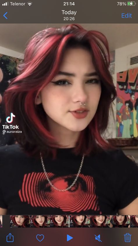 Brunette Dyed Red Hair, Short Hair With Red Streaks, Red Hair Streaks Short Hair, Red Streaks Short Hair, Wolfcut With Red Underneath, Hot Pink Streaks In Brown Hair, Wolfcut Hair Color Ideas, Draculaura Hair Short, Red Streaks In Hair