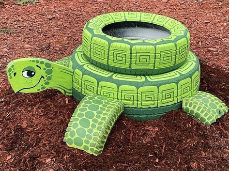 Repurposed Art - JEN KELLER ART Tire Frog, Uses For Old Tractor Tires, Old Tires Ideas For Kids, Dragon Made From Tires, Garden Ideas Using Old Tires, Frog Made Out Of Tires, Playground Using Old Tires, Recycled Garden Planters, Tire Playground