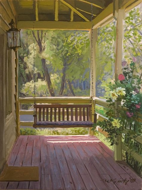 Bench Painting Canvas, Porch Illustration, Country Landscape Photography, Dock Paintings, Vintage Porch Swings, Watercolor Hammock, The Swing Painting, House Oil Painting, Cozy Porch