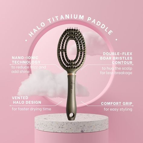 Marilyn Brush Official on Instagram: "The Halo by Marilyn Brush has an oval-shaped head with a vented halo design that allows for circulated air flow to achieve a faster drying time. ⁠ ⁠ Its curved shape and double-flex boar bristles contour to hug the scalp for less breakage.⁠ ⁠ ⁠ In other words, “heaven for hair ☁️” try it out!⁠ .⁠ .⁠ .⁠ #hairstyles #hair #haircut #hairideas #hairtutorial #hairbrush #hairbrushes #hairbrushing #hairstyling⁠ #hairfashion #hairoftheday #haircare #hairsalon #hair Hairbrush Photography, Hair Commercial, Out Hairstyles, Halo Design, Hair Brushes, Hamilton Beach, Skincare Photography, Hair Haircut, Ads Creative