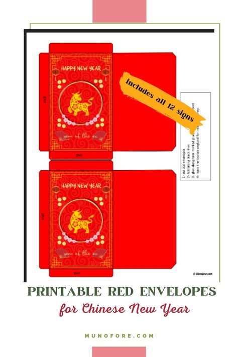 Free printable Red Envelopes for Chinese New Year. Just print, cut, glue and fill with money! Includes all 12 signs to use year after year. #chinesenewyear #redenvelopes #lunarnewyear #moneyenvelopes #freeprintable #munoforeblog Chinese Envelope Template, Free Chinese New Year Printables, Chinese New Year Printables, Free Printable Envelopes, New Year Menu, Chinese New Year Traditions, New Year Printables, Chinese New Year Dragon, Envelope Pattern