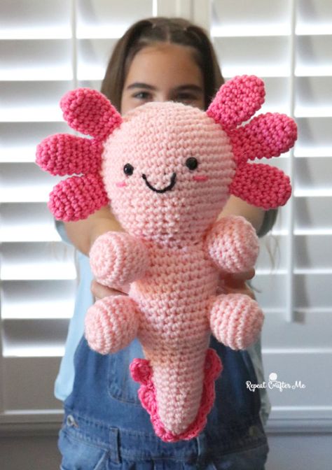 Crochet Axolotl Plushie Pattern - Repeat Crafter Me Axolotl Stuffed Animal Pattern, Axolotl Crochet Hat Pattern Free, Crochet Plush Axolotl, No Sew Axolotl Crochet, Free Crochet Axolotl Pattern, Free Axolotl Crochet Pattern, Axolotl Amigurumi Free Pattern, Salamander Crochet Pattern, Axolotl Crochet Pattern Free