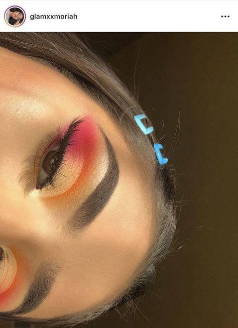 Pink Orange Yellow Eye Makeup, Pink Orange Blue Eye Makeup, Pink Orange Eyeshadow Looks, Pink Orange Makeup Look, Pink Orange Eye Makeup, Orange And Pink Makeup Looks, Yellow Pink Makeup, Pink And Yellow Eyeshadow Looks, Pink And Orange Eye Makeup