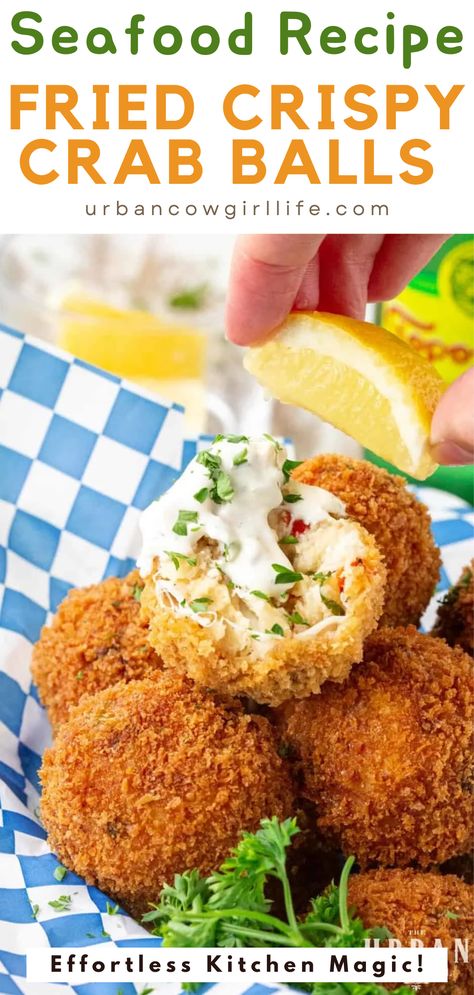 Deep Fried Shrimp Balls, Crab And Rice Balls, Crab Balls Recipe Fried, Southern Crab Beignets, Deep Fried Crab Balls, Crab Patties Recipes, Crab Cake Poppers Recipe, Deep Fried Crab Cakes, Fried Seafood Platter Ideas