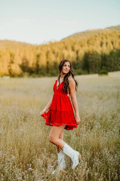 Seniors | Spokane | Malia Rose Photography Red Dress White Cowboy Boots, Red Senior Pictures Outfit, Red Senior Pictures, Senior Poses Dress, Red Head Senior Pictures, Senior Pictures Cowgirl Boots, Western Dress Photoshoot Poses, Senior Photo Shoot Outfits, Senior Picture Ideas Cowgirl Boots